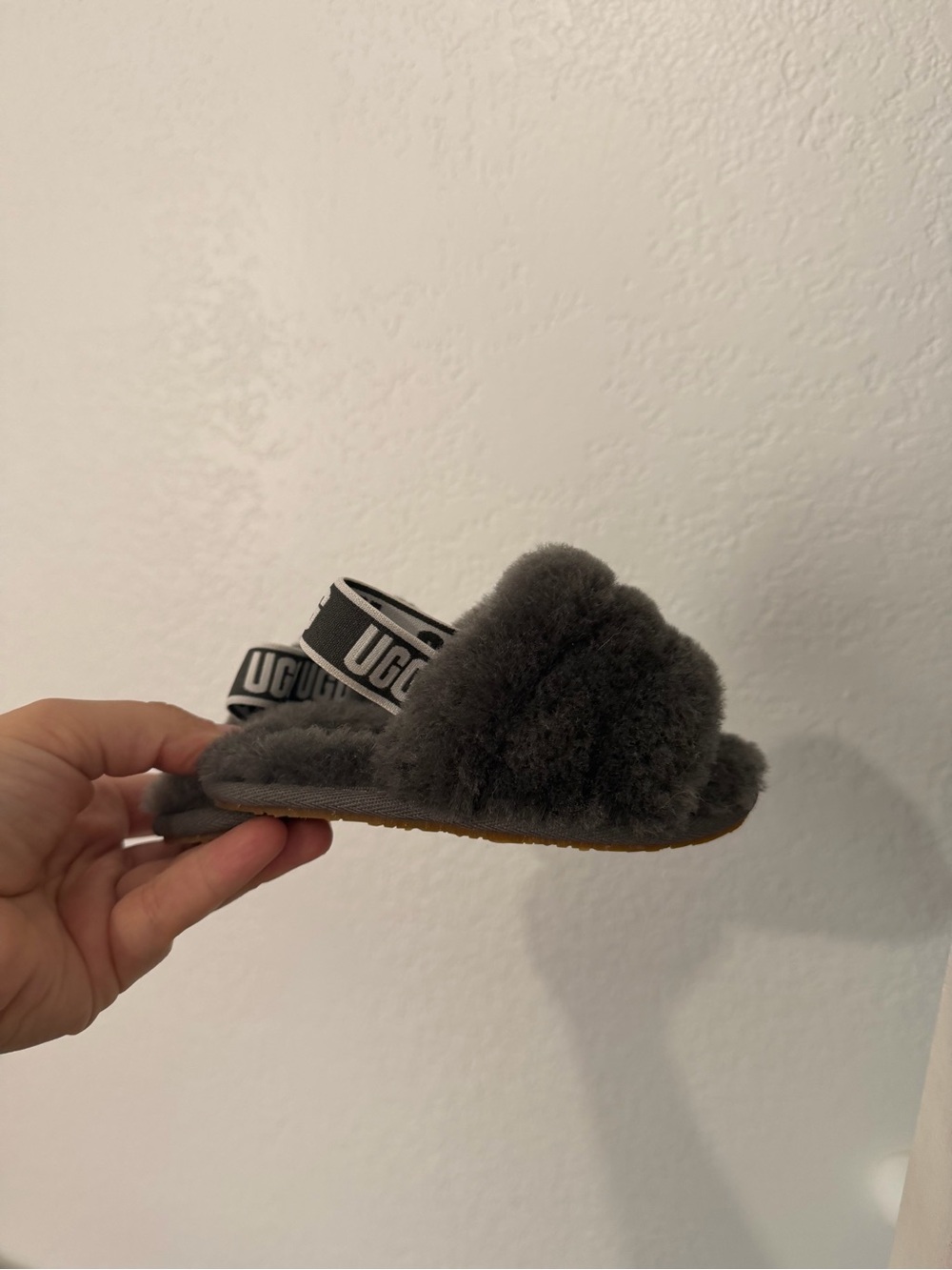UGG Kids Dark Gray Fluff Slide Sandals with Branded Strap